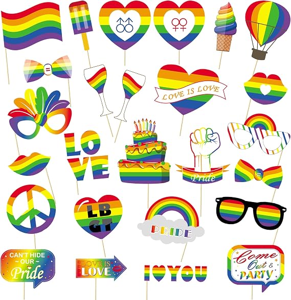 26 Pcs Pride Rainbow Photo Booth Props, Gay Pride Day Love is Love Selfie Photobooth Props for Photography, LGBT Creative Backdrop Decoration Supplies for Rainbow Party DIY Craft
