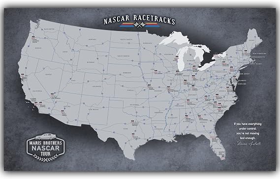 HolyCowCanvas Personalized Canvas NASCAR Track Map with Push Pins, Customized NASCAR Cup Series, Metal Race Flag, Push Pin USA Map Racing (Grey)