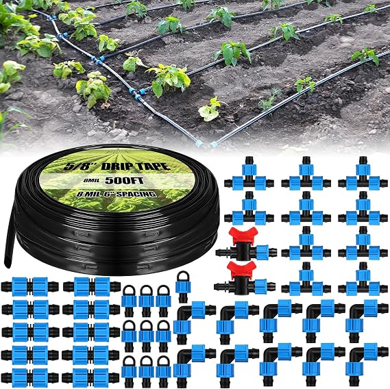 Tondiamo 500ft 8mil 5/8" Drip Tape Irrigation Kit, 6" Spacing Hose