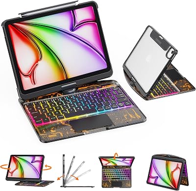 GUSGU Transparent Case with Wireless Keyboard only for 2024 iPad Pro 11-in.M4and 2025 iPad Pro 11 inch M5, 7 Colors Backlight, Trackpad, 360Rotating Stand, Tech Style