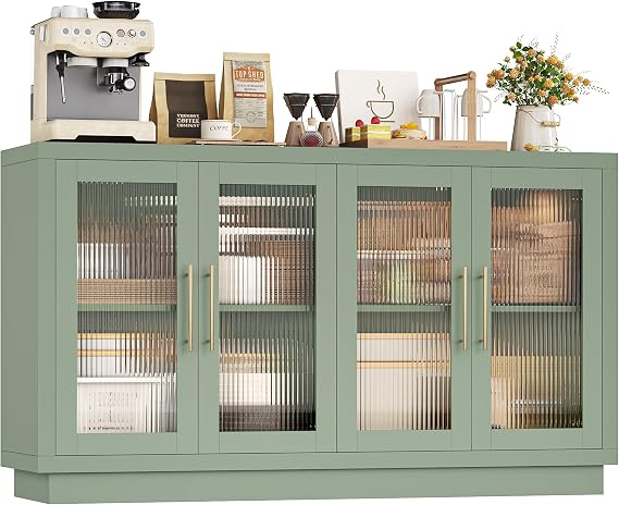 55 Buffet Cabinet with Storage with 4 Fluted Doors | 55 Large Coffee Bar Cabinet with 4 Doors, Modern Sideboard Buffet Cabinet for Kitchen, Living Room, Green
