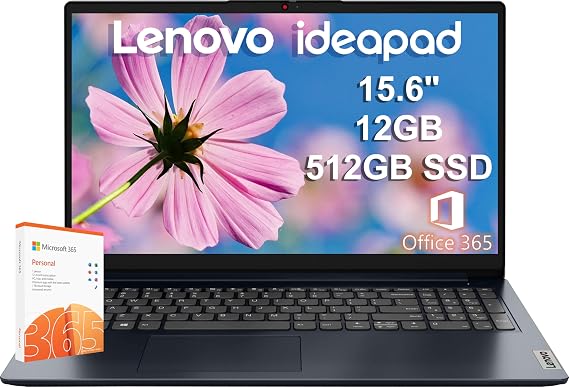 Lenovo IdeaPad 15.6" HD Laptop (12GB RAM, 512GB PCIe SSD, 1-Year Microsoft Office 365, Intel Celeron N4500) for Students, Home, Business, Numeric Keypad, Webcam, Wi-Fi 6, HDMI, Win 11 Home in S Mode