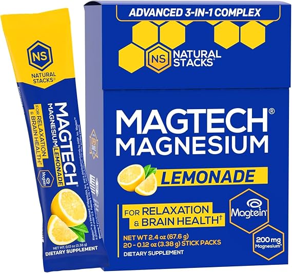 MagTech Magnesium Drink Mix - Sugar Free Lemonade - 3 Forms of Magnesium: Magtein L-Threonate, Glycinate & Taurate - 200mg Chelated Magnesium Complex - Supports Relaxation & Brain Health - 20 Servings