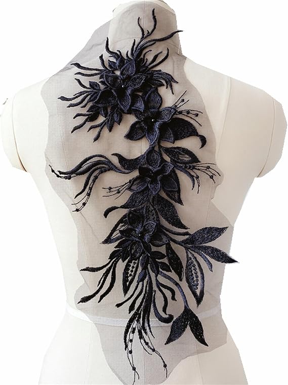 3D Floral Lace Applique Embroidered Flower Patches Flower Pearl Embroidery Patch Bridal Wedding Dress Costume Decor Sewing Lace Appliques DIY Crafts Decoration (Black)