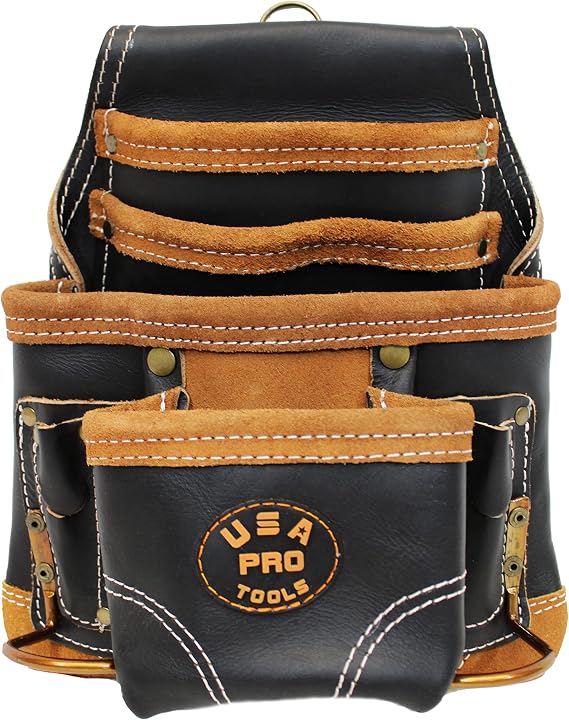 Leather Tool Pouch for Carpenter | Best for Electricians, Plumbers, Handyman and Framers | 10 Pockets with 2 Stainless Steel Hammer Holders