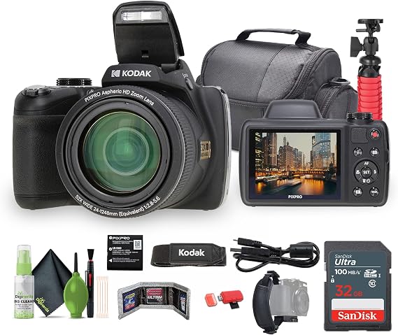 Kodak PIXPRO Astro Zoom AZ528 16MP Vlogging Digital Camera (Black) with 52x Optical Zoom 24mm Wide Angle Lens Bundle with 32GB Memory Card + Vlogger Tripod + Bag + Cleaning Kit + More Accessories