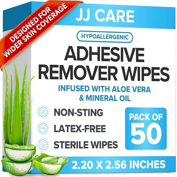 Adhesive Remover Wipes (Pack of 50) 2.2 x 2.56 Inches, Adhesive Remover for Skin, No Sting Medical Adhesive Remover, Ostomy Adhesive Remover for Sensitive Skin - Individually Packed