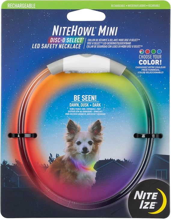 Nite Ize NiteHowl Rechargeable LED Safety Necklace - Disc-O Select - High-Visibility Collar for Nighttime - 360-Degree Illumination & Customizable Fit - Color Changing - Weather Resistant - Mini