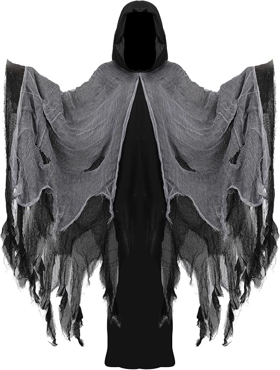 Halloween Hooded Cloak Scary Ghost Tattered Robe Medieval Wizard Death Cape Cosplay Costume for Adult Men Women