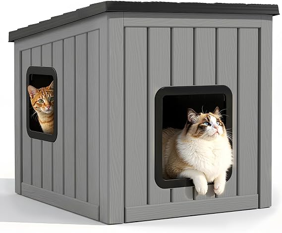 Outdoor Cat House,Resin Clawsable Cat House with 2 Doors for Feral, Stray & Domestic Cats, Weatherproof Cats Shelter with Waterproof Flat Base for Patio, Porch, Backyard (Black)