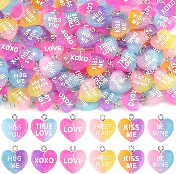 Jansun 80Pcs Valentine Heart Charms Glitter Conversation Candy Pendant
