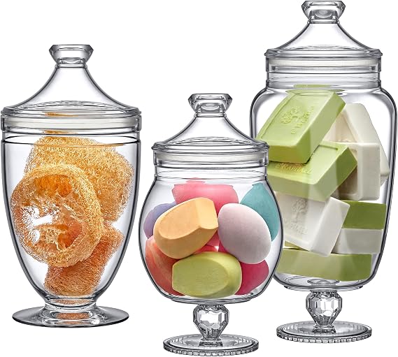 Amazing Abby - Admire - Plastic Apothecary Jars (3-Piece Set, 60/46/40 oz) (NOT Glass), Acrylic Jars with Lids, Bathroom Canisters, Candy Buffet, Wedding Display, BPA-Free and Shatter-Proof