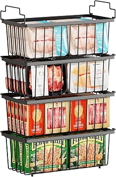 4 Pack Freezer Organizer Bins(14.6L X 7.1W X 5.2H) Suitable for 5-7 Cu.Ft Chest Freezer Sort Frozen Meats | Stackablet Chest Freezer Organizer Bins Get Food Easily w/Handle, Gifts Ideas for Mom