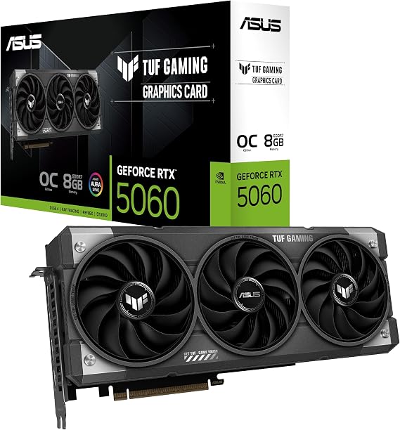 ASUS TUF Gaming NVIDIA GeForce RTX 5060 8GB GDDR7 OC Edition Graphics Card, (PCIe 5.0, HDMI/DP 2.1, 3.1-Slot, Military-Grade Components, Protective PCB Coating, Axial-tech Fans),