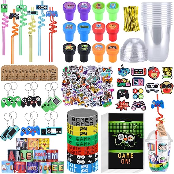 Video Game Party Favors - 241Pcs Boys Birthday Gamer Party Supplies Return Gifts with Drinking Straws Cups Slap Bracelet Keychain Game Sticker Stampers and Gaming theme Charms for Shoes Decoration