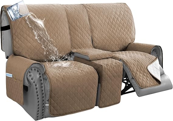 H.VERSAILTEX 100% Waterproof Reclining Love Seat with Console Slipcover 3 Piece Non Slip 2 seat Loveseat Recliner Cover Thick Soft Recliner Cover Washable(Recliner Loveseat with Console, French Oak)