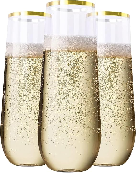 SUT 36PCS Stemless Plastic Champagne Flutes, 9 Oz Gold Rim Clear Plastic Toasting Glasses Shatterproof Cocktail Cups Mimosa Cups Stemless Glass Glasses Disposable for Wedding Parties & Shower
