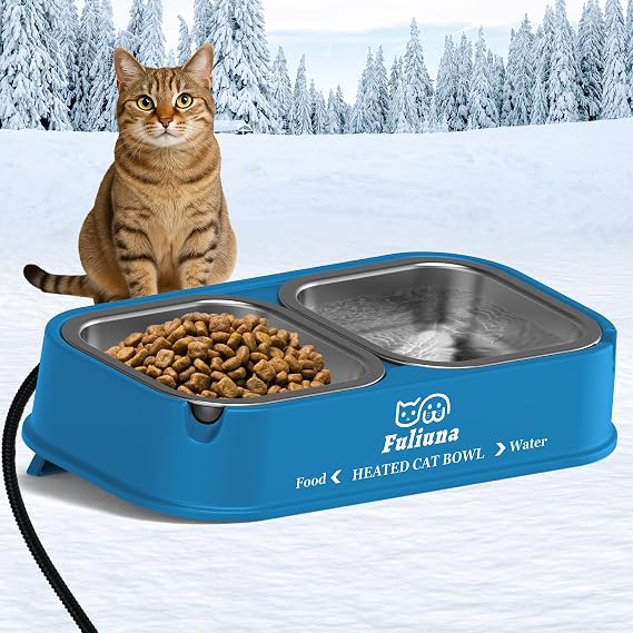 Heated Cat Bowl for Outdoor Cats, Outdoor Heated Pet Bowl with Raised Brackets to Protect Pet's Neck, 56 OZ Heated Water Food Bowls for Kitty Feral Cat, Provide Warm Water and Food in Winter.