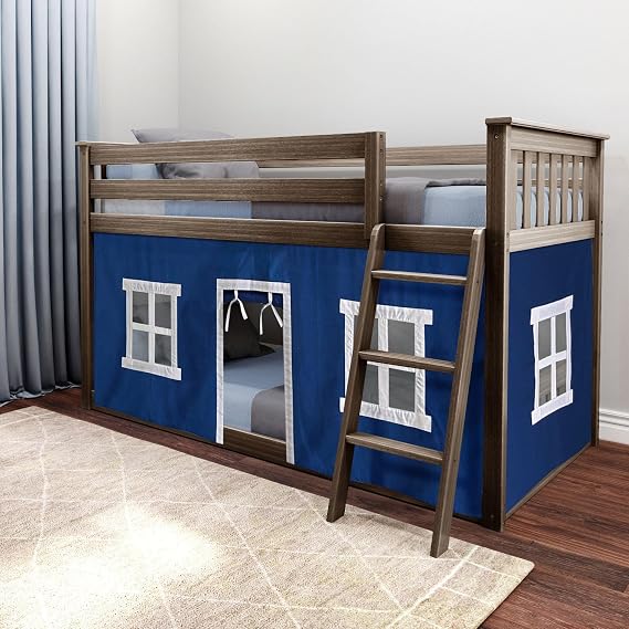 Max & Lily Low Bunk Bed, Twin-Over-Twin Bed Frame for Kids with Curtains for Bottom, Clay/Blue