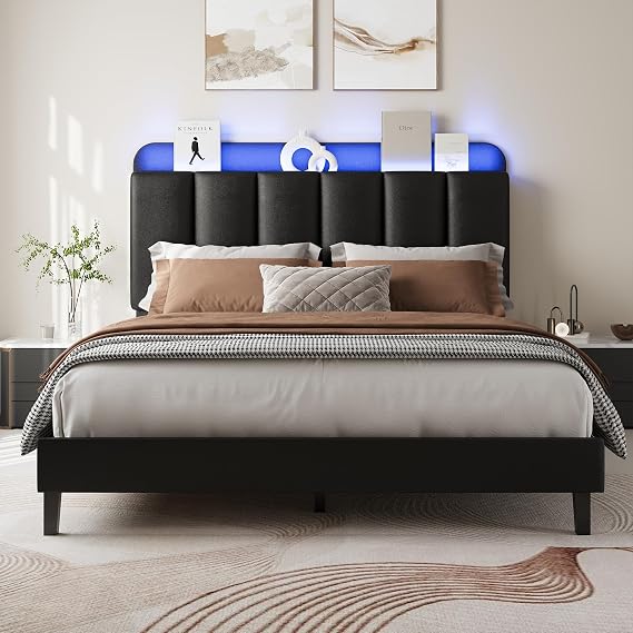BarnFurin Full Size Bed Frame with LED Lights and Storage Headboard,Black | Morden Bed Frame with Upholstered Headboard, Noise-Free, No Box Spring Needed, Easy Assembly