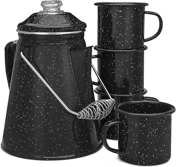 COLETTI Classic Enamel Set Coffee Percolator & Mugs The Most Nostalgic Camping Coffee Pot, Now Modernized [Black Enamel, 12 Cup Percolator Coffee Pot & Set of 4 Mugs]