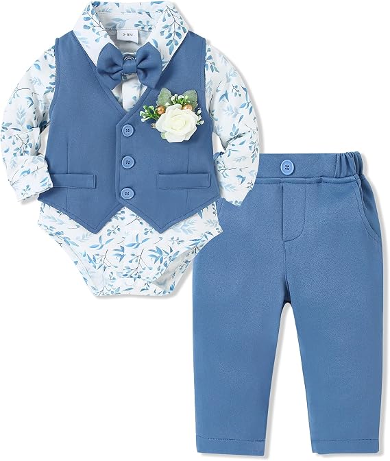 SANMIO Baby Boy Baptism Outfit Suit Set Christening Formal 0-24M | 5Pcs Baby Boy Clothes Suit Set With Shirt,Vest,Tie,Corsage,Pants For Baptism,Christening,Easter,Wedding,Birthday