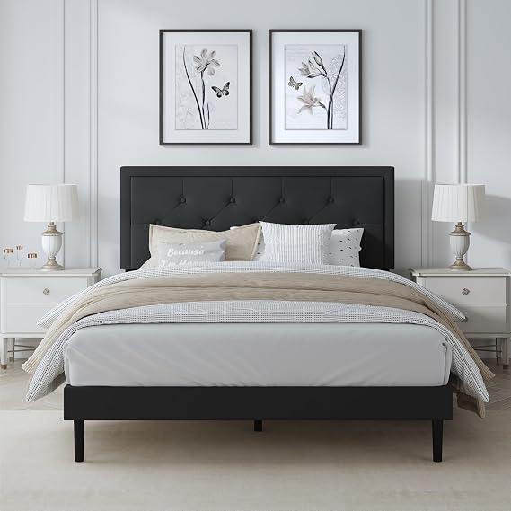IOILORI Full Size Bed Frame with Upholstered Velvet Headboard, No Box Spring Needed, Button Tufting Design, Strong Wooden Slat, Black