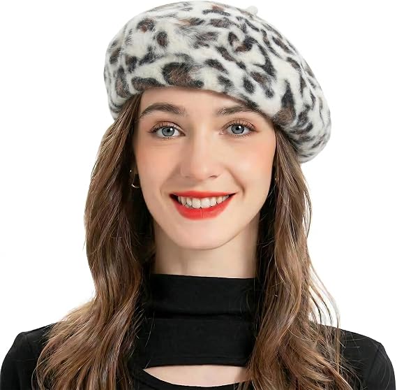 ZLYC Womens Warm French Beret Hat Leopard Print Beret Cap