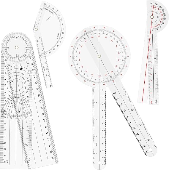 OIIKI 4PCS Goniometer Set, Including Finger Goniometer, 6" Goniometer, 180 Degree 6" Goniometer, 8inch Spinal Goniometer