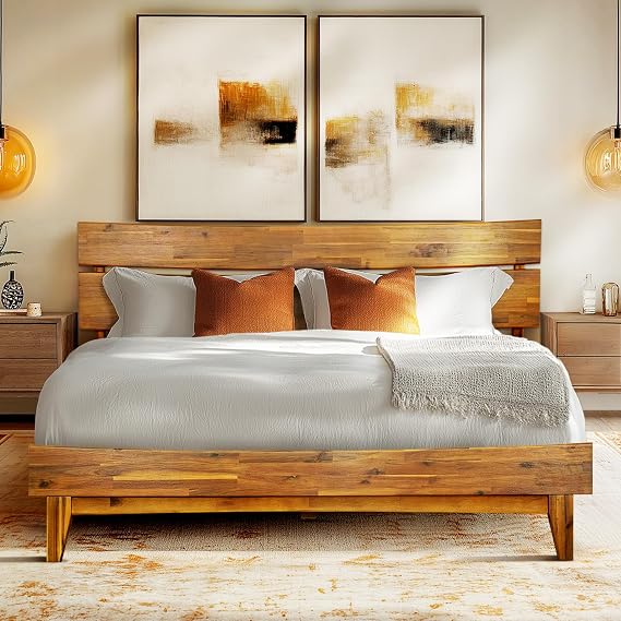 Aurora Acacia Solid Wood Queen Platform Bed Frame with Headboard, Caramel