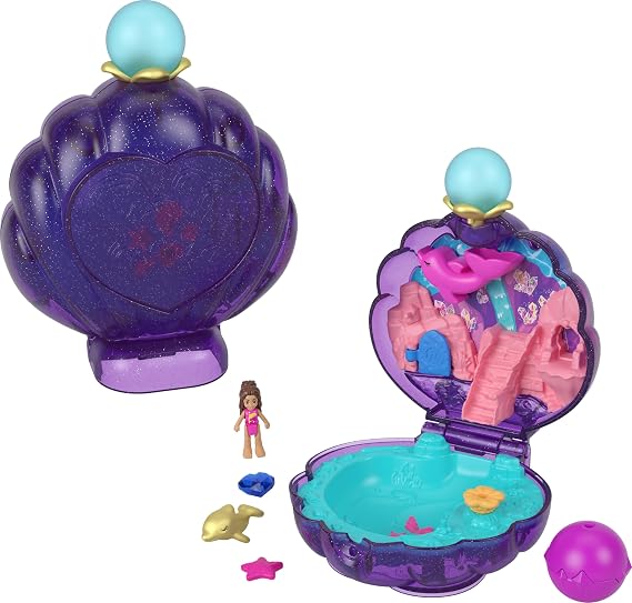 Polly Pocket Dolls & Accessories, Underwater Lagoon Shell Compact with Micro Doll & Ocean Pet, Travel Toy with Water Play,