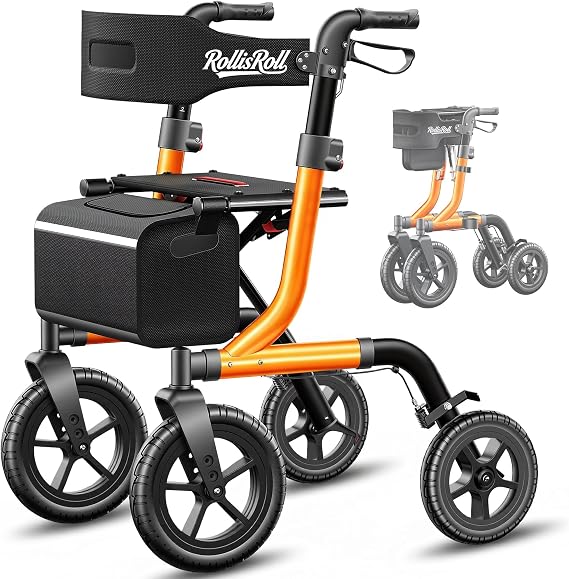 Walkers for Seniors, Rollator Walker with Seat, 12" Big Rubber Wheels All Terrain Rolling Walker, Foldable Rollator Walker, Built-in Cable, Reinforced Aluminum Frame, Orange