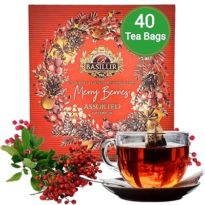 Basilur Merry Berries Collection Vol. 2 - Festive Ceylon Black & Green Tea Assortment, 4 Flavors: Gooseberry Vanilla, Raspberry Chocolate, Barberry Cinnamon, and Elderberry Honey | 40 Biodegradable, Staple-Free Tea Bags Encased within a Luxuriously Decorative Package | A Cherished Gift for Tea Lovers