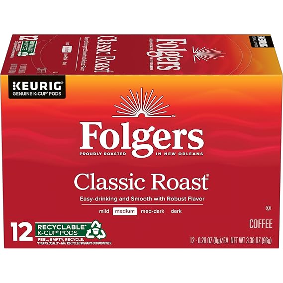 Folgers Classic Roast, Medium Roast Coffee, Keurig K-Cup, 12 Count Box