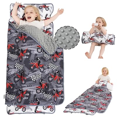 Viviland Toddler Nap Mat with Pillow and Minky Dot Blanket, Rolled Large Sleeping Mat for Boys, Kids Slumber BagNap Mat for Preschool, Daycare, Kindergarten, Travel Camping - Cool Motocycle