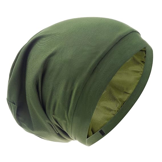 Silk Satin Lined Bonnet Sleep Cap - Adjustable Stay on All Night Hair Wrap Cover Slouchy Beanie for Curly Hair Protection for Women and Men - Solid Olive Green