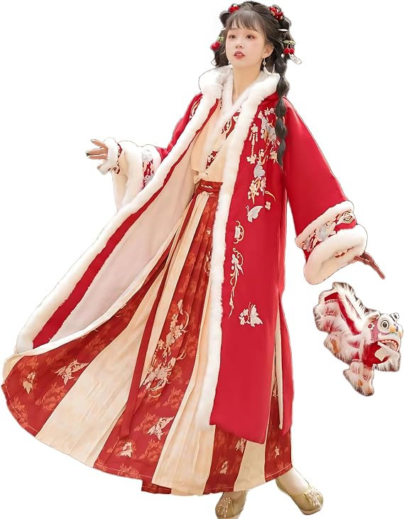 Chinese Hanfu Dress for Women Padded Thickened Embroidered Dress Winter Set Chinese Traditional New Year Clothing