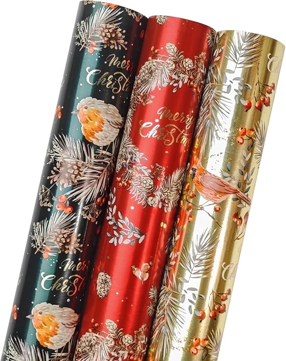 LDGOOAEL Mini Christmas Wrapping Paper Rolls (17"x120") - Easy-Tear Cut Lines on Back, Red & Gold & Green robin/Cardinal/holly/pinecones with Metallic Shine for Small/Medium Gifts