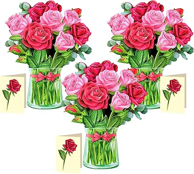 Airpark 3 Pack Rose Pop Up Cards Flower, 12 inch Paper Flower Bouquet Greeting Cards with Blank Note Card & Envelope for Birthday, Teacher Appreciation, Mothers Day Gifts for Women