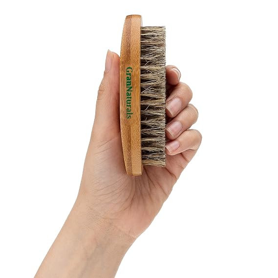 GranNaturals Military Style Boar Bristle Hair Brush for Men and Boys - Palm Size Hairbrush and Beard Brush for Grooming Thin, Fine, Facial and Short Hair - Soft Bristle Slick Back & Smoothing