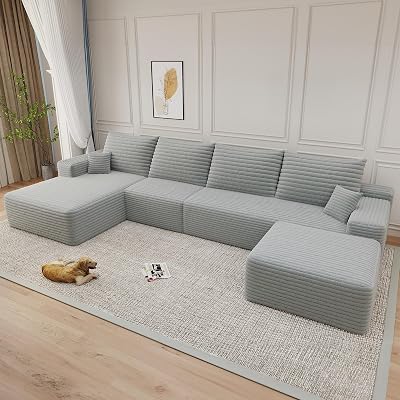135 Cloud Sectional Couch, Modular Couches with Ottoman, Plush Corduroy U Shaped Sofa Deep Seat Sofas for Living Room, Fluffy Memory Foam Boneless Sectionals, No Assembly Required, Grey