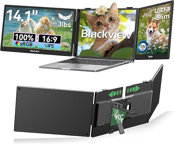 Blackview Triple Laptop Screen Extender,14.1" 1080P FHD IPS Portable External Screen, TUV Eye-Care, Two Cable USB C Travel for 13-17'' Laptop,Plug & Play Compatible with Windows/Mac/Mobile Devices