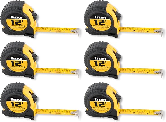 Titan 10912 Tape Measure with Easy-Read Standard Markings and Durable Case, 6-Piece Set, 12-Foot