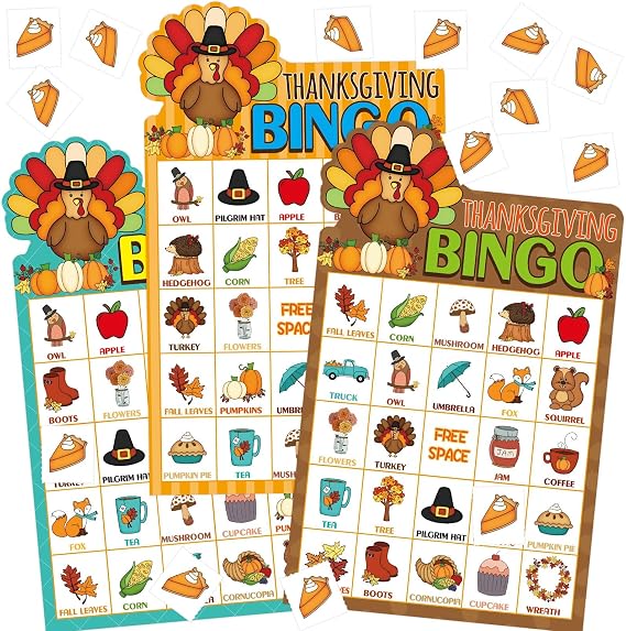 Fancy Land Thanksgiving Bingo Game 24 Players for Kids Die Cut Turkey Party Game Activities Holiday Party Favors