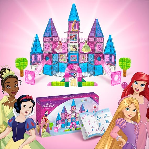 Disney Princess Toys Magnetic Tiles Castle Set - 172-Piece STEM Building Toy with Ariel, Moana, Snow White, Tiana & Rapunzel Characters, Marble Run Slides, Disney Toys for Girls Ages 3+