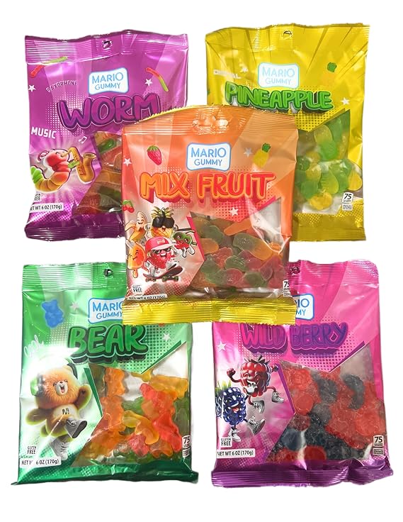 Mario's-Halal Gummy Candy Variety Pack, Mix Fruit, Worm, Bear, Wild Berry, Pineapple Flavors, Gluten Free, 170g each Bag. (Pack of 5)