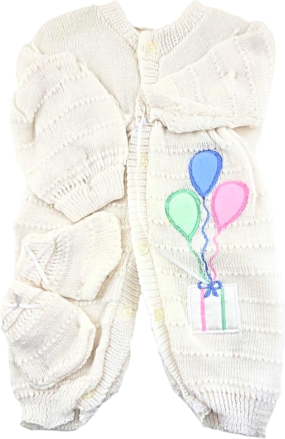 White Crochet Baby Outfit Set with Balloon Design, Newborn Size, 3 Piece Set with Hat and Booties