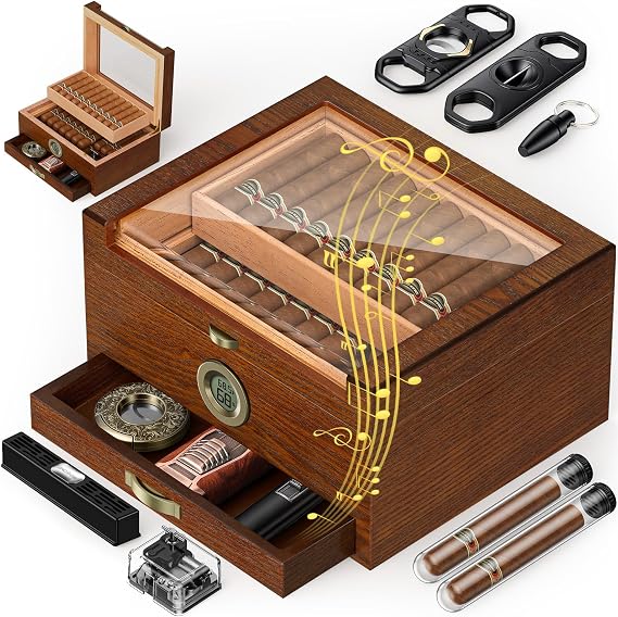 Cigar Humidor with Built-in Music Box System and Cedar Wood Tray Transparent Top Desktop Humidor, Digital Hygrometer & Humidifier,Includes 3-Piece Cigar Accessory Set and 2 Cigar Tubes