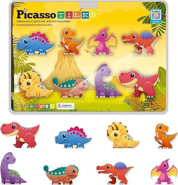 PicassoTiles Dinosaur Toys Magnet Tiles Building Blocks 8 Magnetized Action Figures Compatible Magnetic Construction Build and Play Tile Accessory Toy STEAM Educational Learning Toys Kids Ages 3+