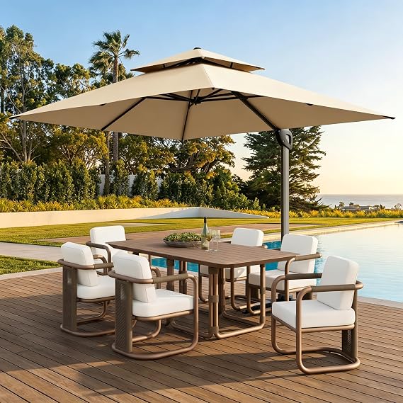 12ft Outdoor Cantilever Patio Umbrella with 360Rotation Offset, Beige